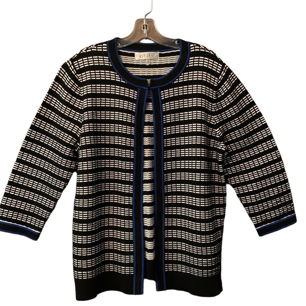 KASPER Black & White Sweater with Cobalt Blue Trim - Picture 2 of 8